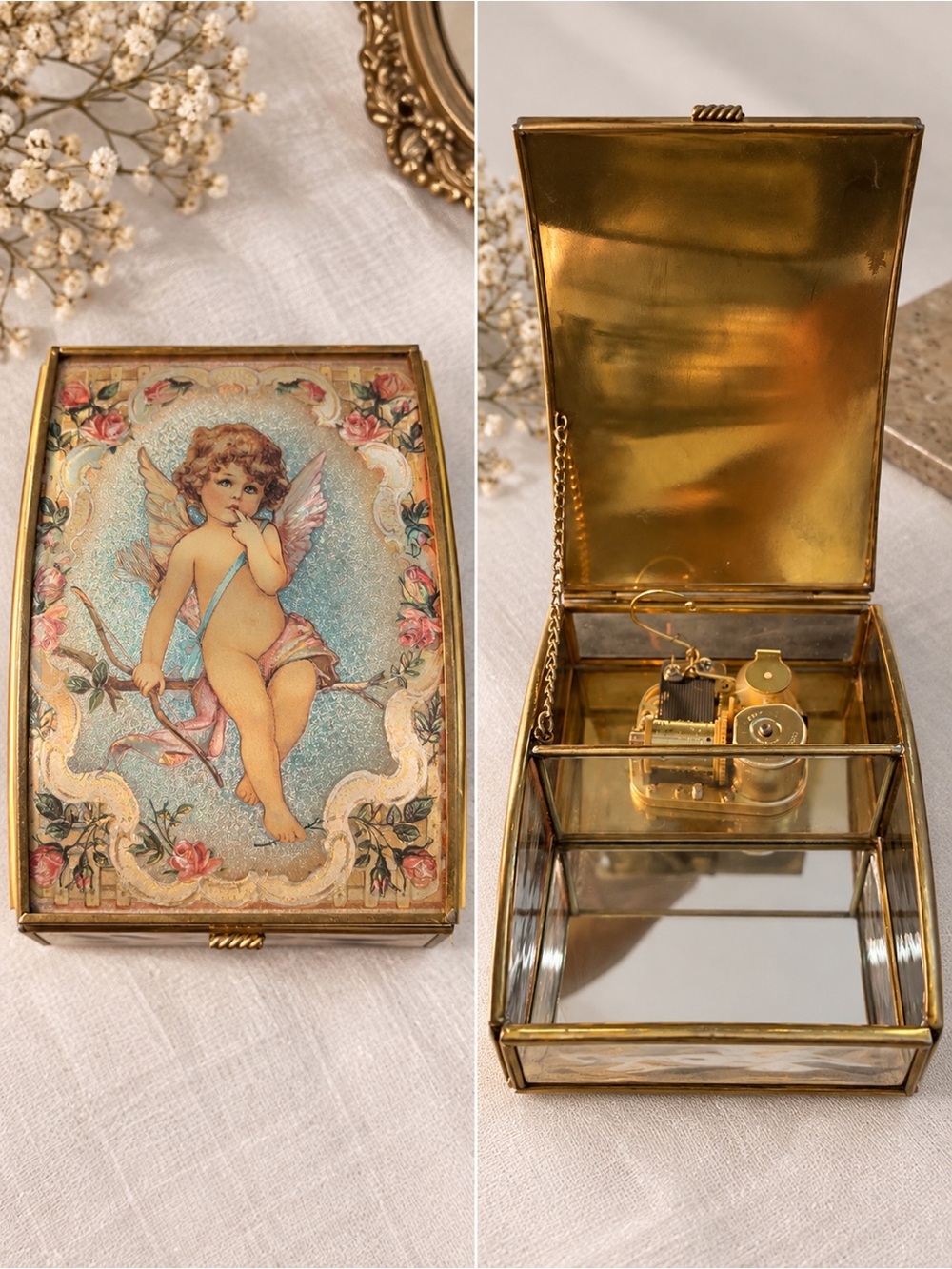 Enesco Glass Cherub Music Jewelry Box - Gold, Blue, Pink
